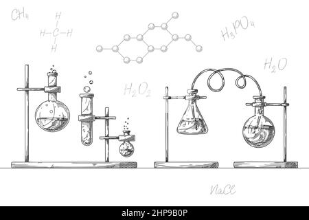 Disegno di oggetti di un laboratorio chimico. Vetreria per un esperimento chimico. Matracci, becher e provette per farmaci vettoriali. Discovery e c Illustrazione Vettoriale