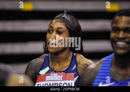 Birmingham, Regno Unito. 19th Feb 2022. Utilita Arena, Birmingham, febbraio Elaine Thompson-Herah (Giamaica) vincitore di gara post gara durante il Muller Indoor Grand Prix Athletics, Birmingham, febbraio 2022 Karl W Newton/Sports Press Photo Credit: SPP Sport Press Photo. /Alamy Live News Foto Stock