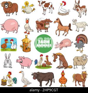 divertente fattoria cartoon personaggi animali grande set Illustrazione Vettoriale