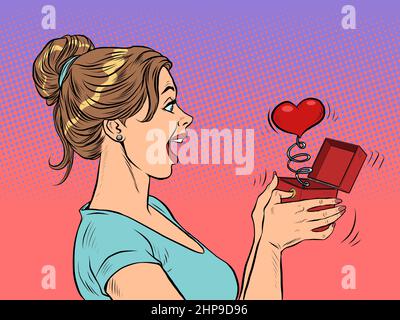 una ragazza donna guarda un rosso cuore scatola san valentino sorpresa saluto, amore romanticismo Illustrazione Vettoriale