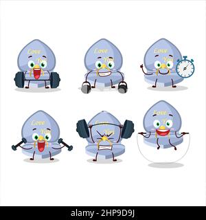Un sano stile cartoon blu Love ring box che prova alcuni strumenti nel centro fitness. Illustrazione vettoriale Illustrazione Vettoriale