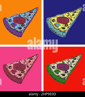 Fetta di Pizza isolato disegno a mano Vector Illustrazione Pop Art stile Illustrazione Vettoriale