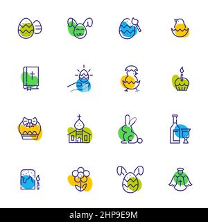 Icone di Pasqua impostate. Uova, conigli, bibbia Santa e chiesa. Pixel Perfect, icone a colori con tratti modificabili Illustrazione Vettoriale