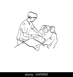 Sezione mediana del medico di sesso femminile applicazione del gel sul ventre di donna incinta per ultrasuoni in clinica illustrazione vettore disegnato a mano isolato su backgrou bianco Illustrazione Vettoriale