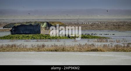 Le Port du Hourdel à marée haute et ses bateaux amarrés. Le phare et la baie de Somme Foto Stock