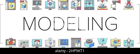 3D modellazione del software e delle icone del dispositivo Set Vector . Illustrazione Vettoriale