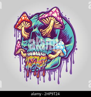Funghi con testa di teschio blu spaventoso illustrazioni vettoriali per il tuo lavoro Logo, T-shirt mascotte merchandise, adesivi e disegni etichette, poster Illustrazione Vettoriale