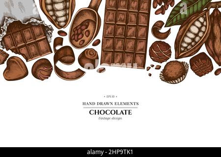 Elementi colorati con cacao in grani, cacao, cioccolato, caramelle al cioccolato Illustrazione Vettoriale