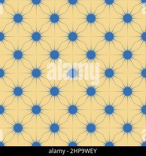 Pattern vettoriale senza giunture. Astratto sfondo geometrico blu-blu di cerchi-stelle in una rete di linee sottili. Per l'uso su carta da parati, tessuto, imballaggio e. Illustrazione Vettoriale