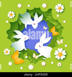 Buon biglietto di auguri di Pasqua con conigli bianchi carini in stile taglio di carta. Coniglio, fiori e farfalla. Vacanze primaverili in stile moderno Illustrazione Vettoriale