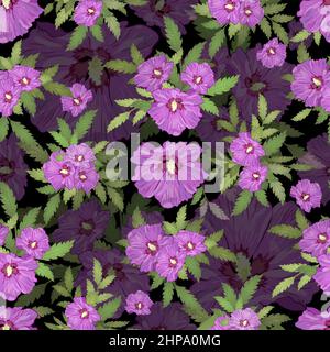 Fiori di ibisco dipinti realistici motivo senza cuciture Illustrazione Vettoriale