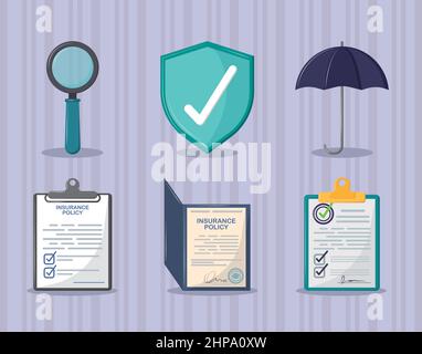 collezione icone polizza assicurativa Illustrazione Vettoriale