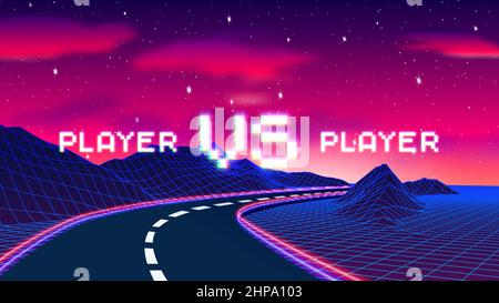Contro segno con stile di gioco arcade con le lettere dei pixel sopra il paesaggio di Synthwave. 80s emblema da VS per poster da competizione. Illustrazione Vettoriale
