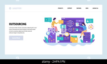 Modello di progettazione di siti Web vettoriali. Outsourcing e sviluppo software. Team che lavora con un nuovo progetto. Concetti di landing page per siti Web e dispositivi mobili Illustrazione Vettoriale