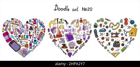 Big vector doodle sewing, magical, paint sets. Vector tailoring, halloween, artist s tools icons. Sewing mannequin, machine, measuring and cutting Illustrazione Vettoriale