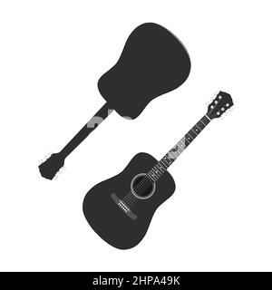 Chitarra acustica silhouette nera. Icona dello strumento musicale. Illustrazione vettoriale. Illustrazione Vettoriale