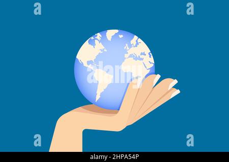 Mano che tiene il pianeta terra in mano. Cura ecologica e concetto ecologico Illustrazione Vettoriale