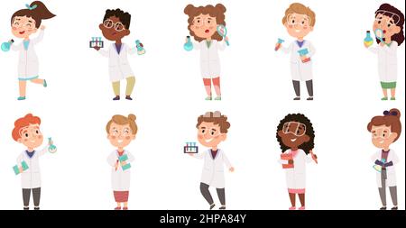 Bambini di scienza, bambini che fanno esperimento chimico di laboratorio. Bambini in occhiali protettivi che fanno laboratorio esperimento vettore illustrazione set. Ragazze e ragazzi Illustrazione Vettoriale