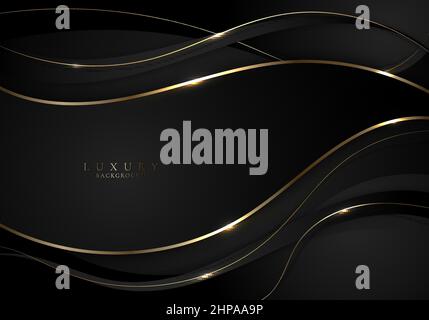 Riassunto 3D elegante sfondo a forma d'onda nera con linee ondulate dorate e illuminazione. Stile di lusso. Illustrazione vettoriale Illustrazione Vettoriale