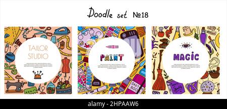 Big vector doodle sewing, magical, paint sets. Vector tailoring, halloween, artist s tools icons. Sewing mannequin, machine, measuring and cutting Illustrazione Vettoriale