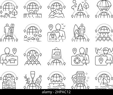 Turismo tipi di viaggio Collezione icone Set vettore . Illustrazione Vettoriale