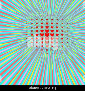 Retro multicolore raggi fumetto sfondo alla moda con cuore rosso sfumato mezzitoni e tratteggiate sfumature pop art stile. Illustrazione vettoriale. Vettore illustrati Illustrazione Vettoriale