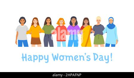 Buon giorno delle donne. Diverse donne si levano in piedi insieme abbracciandosi per celebrare la Giornata Internazionale delle Donne in tutto il mondo. Flat cartoon vettore illust Illustrazione Vettoriale