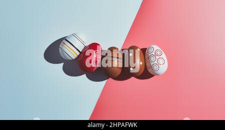 Felice Pasqua vacanza sfondo concept.Flat Lay colorato coniglietto uova su moderno bello grigio-rosa carta alla scrivania d'ufficio. Foto Stock