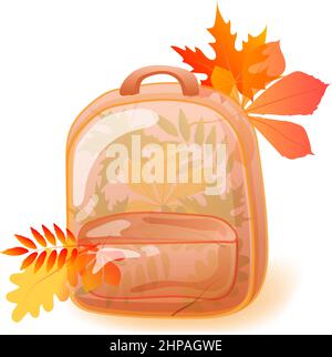 L'oggetto isolato su sfondo bianco. Zaino con foglie autunnali. Il concetto dell'inizio degli studi, nuove conoscenze. Autunno. Foglie gialle. Illustrazione Vettoriale