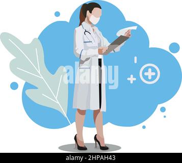 illustrazione vettoriale realistica del medico femminile con maschera facciale. medico ospedaliero e medico clinico Illustrazione Vettoriale