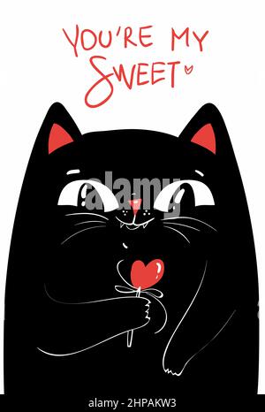 Gatto nero con cuore rosso. Divertente gatto cartoon per San Valentino. Biglietto d'auguri, banner, poster, stampa design e altro, baby print. Sfondo bianco Illustrazione Vettoriale