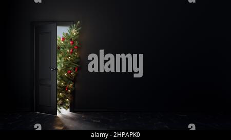 Albero di Natale entra nella porta, Natale sta arrivando concetto sfondo 3D Illustrazione Foto Stock