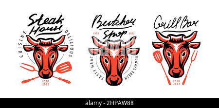 Toro con attrezzi per barbecue vettore logo. Emblema per Butcher Shop, Grill Bar, Steakhouse Illustrazione Vettoriale