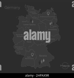 Mappa Germania, singole regioni con nomi, disegno nero sfondo vettore Illustrazione Vettoriale