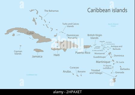 Mappa delle isole caraibiche con nomi vettoriali Illustrazione Vettoriale