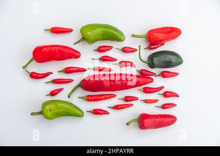 Peperoncino rosso e verde su sfondo bianco. I peperoncini sono noti anche come cile, peperoncino, peperoncino o peperoncino. Capsicum. Foto Stock