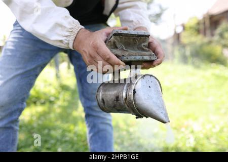 L'apicoltore in tuta protettiva tiene il fumatore nelle mani Foto Stock