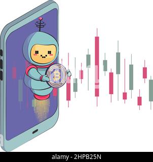 Bot di scambio di criptovaluta. Il bot commercializza sul mercato della criptovaluta. Criptovaluta trading bot fa soldi. Illustrazione vettoriale in stile piatto Illustrazione Vettoriale