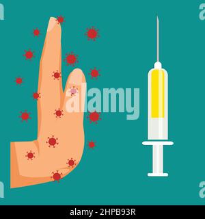 Concetto di scetticismo vaccinale. Anti-vaccino. Interrompere la vaccinazione con Covid-19. Illustrazione Vettoriale