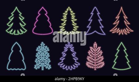 Neon natale albero di vacanza segno piatto set. Pubblicità invernale sito nightclub negozio di articoli da regalo web poster. Brillante nuovo anno semplice forma adesivo incandescente profilo sottile decorando linea isolato Illustrazione Vettoriale