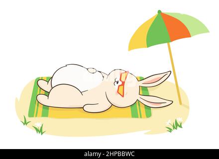 Coniglio in occhiali da sole sdraiati sotto il poster dell'ombrello. Bunny carattere infantile sulla spiaggia, rilassante lepre mascotte sole simbolo anno. Ciao estate resort all'aperto cartoon vettoriale illustrazione Illustrazione Vettoriale