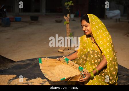 Donna indiana rurale che usa un filtro del cestino di winnowing per pulire il grano. Foto Stock