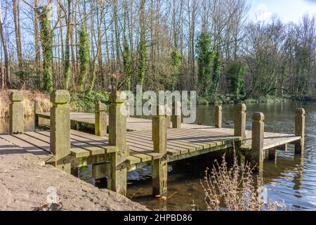 Stagno con molo, rosso vale, Stockport, Cheshire, Regno Unito. Foto Stock