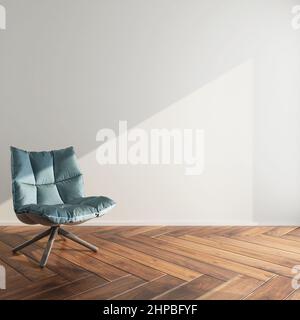 soggiorno in poltrona con parete bianca pavimento in legno e luce solare 3d modellante vista rendering. Foto Stock