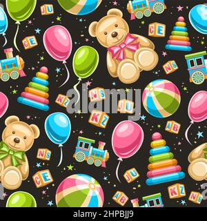 Vector Toys Seamless Pattern, quadrato che ripete lo sfondo con set di illustrazioni ritagliate diversi giocattoli per bambini, fumetti luminosi palloncini volanti, molti Illustrazione Vettoriale