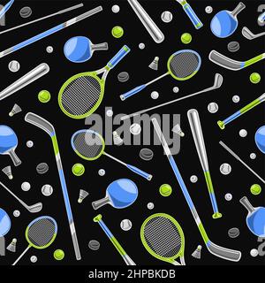 Vector Sports Seamless Pattern, sfondo quadrato ripetitivo con illustrazioni ritagliate di diversi attrezzi sportivi estivi, racchette da tennis, palle sportive e. Illustrazione Vettoriale