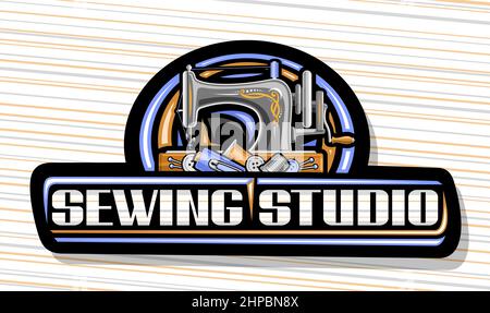 Logo vettoriale per Sewing Studio, cartello decorativo scuro con illustrazione di vecchia macchina da cucire e scritta a spazzola unica per le parole grigie cucire stu Illustrazione Vettoriale