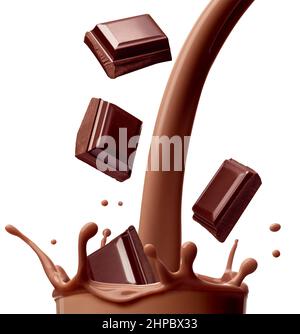 primo piano di schizzi di latte al cioccolato in vetro e pezzi di cioccolato su sfondo bianco Foto Stock