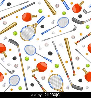 Vector Sports Seamless Pattern, sfondo quadrato ripetitivo con illustrazioni ritagliate di diversi attrezzi sportivi estivi, racchette da tennis, palle sportive e. Illustrazione Vettoriale