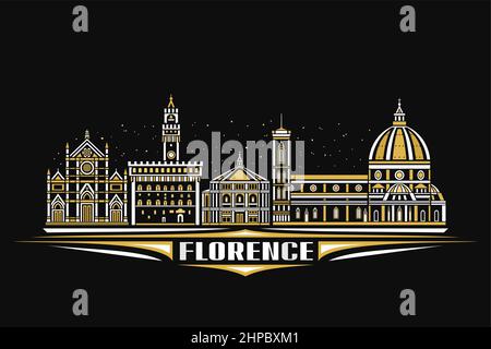 Illustrazione vettoriale di Firenze, poster orizzontale scuro con disegno lineare famoso paesaggio cittadino di firenze su sfondo cielo crepuscolo, arte urbana europea Illustrazione Vettoriale